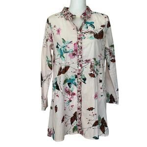 Tulip butterfly print tunic, cream/blue/pink, XS, floral,‎ bohemian, spring